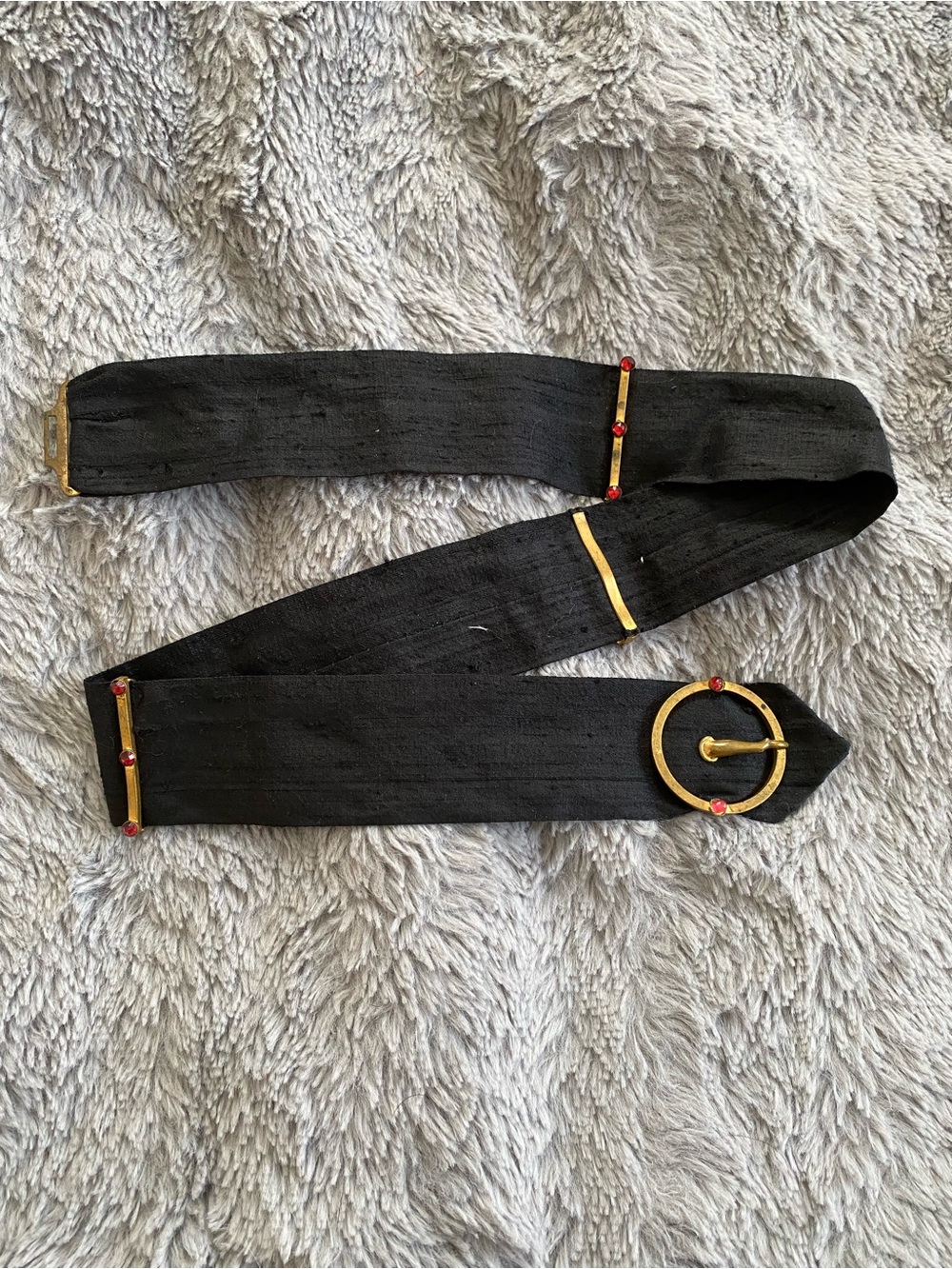 Black Fabric Waist Belt with Gold Ring Buckle and Red Accent Stones
